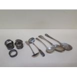 Five silver napkin rings and three silver spoons/ pair ladles - total approx weight 11.1 troy oz
