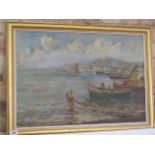 An oil on canvas Mediterranean coastal scene signed Frolio in a gilt frame, frame size 56cm x 76cm -