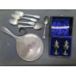 A pair of silver cruet, five silver spoons, a silver napkin ring and a silver back brush - weighable