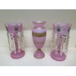 A pair of pink glass lustres - Height 34cm - bodies in good condition, small chips to some