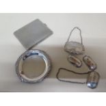 A silver pin dish - Diameter 9cm and a silver cigarette case - approx weight 5.5 troy oz and four