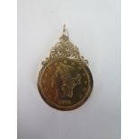A 900 fine gold 1879 20 dollar Liberty coin in a 9ct pendant mount, approx weight 39.3 grams