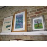 An Agnes Riley oil landscape - frame size 77cm x 56cm - a Hockney print and a signed Limited Edition