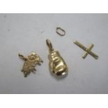 Two 9ct gold charms and a 9ct crucifix - total approx weight 1.8 grams