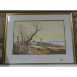 R M Bolton watercolour Thames barge on the shore in a gilt frame, frame size 60cm x 77cmn - good