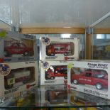 Five boxed Burago vehicles Audi 80 GT, Fiat Antincendio, Fiat Soccorso Aci, Fiat Cisterna and