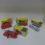 Four boxed Dinky Toys - Ford Transit fire appliance 286, airport fire tender with flashing light