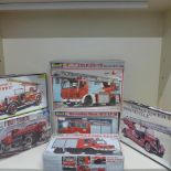Six unmade plastic fire engine kits - Heller, Italeri, Revell all 1/24 scale