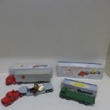 Three boxed Dinky Supertoys Mighty Antar low loader with propeller 986, Foden flat truck 905 and