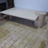 A marble coffee table with drum supports - Height 40cm x 131cm x 75cm
