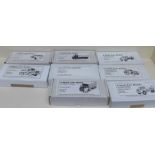 Eight unmade white metal 1:48 scale vehicle kits, Sun Motor Company and seven A Smith Auto models,