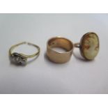 A cut 18ct yellow gold three stone diamond ring approx weight 2 grams, a gilt metal cameo ring and a