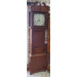 An oak 8 day striking longcase clock with a painted 14" dial - Height 87" (221cm) - with weights and