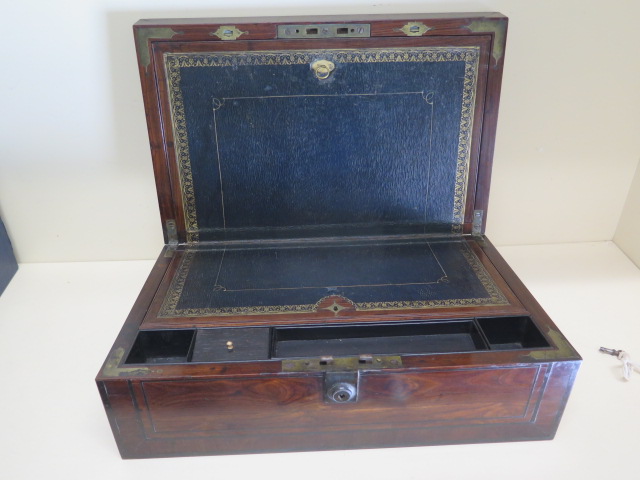 A 19th century rosewood and inlaid writing box with a well fitted interior with two keys and brass - Image 2 of 3