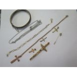 A 9ct yellow gold bracelet 2 grams, a 9ct chain with gilt metal crucifix 6.7 grams, four other