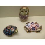 A Royal Crown Derby paperweight of a crab, terrapin and an owl - all good condition