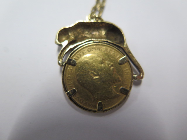 A George VII gold half sovereign in a gilt metal tiger mount on a 9ct yellow gold 54cm chain - total - Image 3 of 3