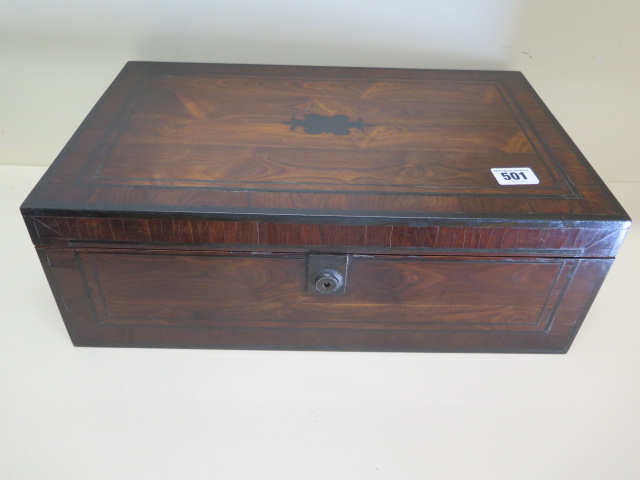 A 19th century rosewood and inlaid writing box with a well fitted interior with two keys and brass