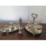 A silver sifter 15.5cm tall - approx weight 2 troy oz, a plated egg cup set and a plated desk