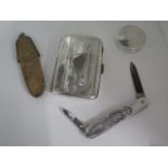 A silver cigarette, silver pill box and a silver 1911 Coronation penknife in leather purse - total