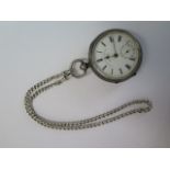 A silver pocket watch key wind The Coventry English Lever - 55mm case - with a silver albert,