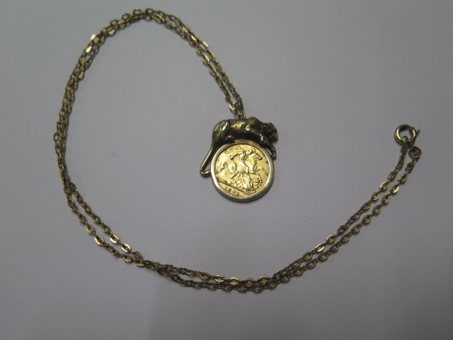 A George VII gold half sovereign in a gilt metal tiger mount on a 9ct yellow gold 54cm chain - total