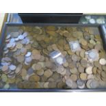 A collection of coins mostly pennies and two Florins and a half crown