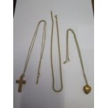 A 9ct yellow gold crucifix on a 62cm 9ct chain, a 9ct chain 39cm long - total weight approx 16 grams