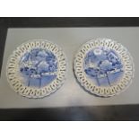 A pair of Oriental blue and white ribbon plates - Diameter 25cm - both with wire hangers, appear