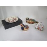 Three Royal Crown Derby paperweights - all good condition and Masons pin dish