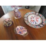 Three Crown Derby paper weights and a plate - in good condition