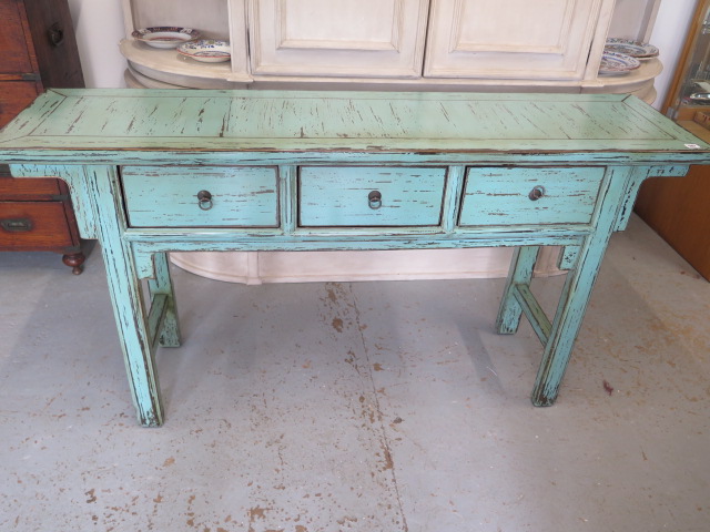 A modern Oriental style hall table with three drawers - Width 163cm x Depth 40cm x Height 86cm