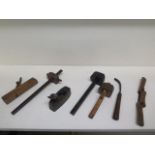A collection of 7 vintage carpentry tools including two planes - 17cm and 12cm long