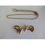 A pair of 9ct yellow gold cufflinks and a 9ct gold chain repaired with a plated clasp - total weight