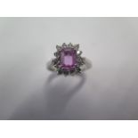 A pink sapphire and diamond 18ct white gold ring size L/M - head approx 10mm x 12mm - good