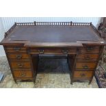 A late 19th century arts and crafts mahogany breakfront desk with nine drawers - one drawer