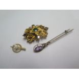 A 9ct yellow gold pin brooch and two gilt metal brooches - one missing a flower - total weight