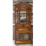 A Victorian light oak mirror back hall stand with a glove compartment - Height 208cm x 90cm x 34cm