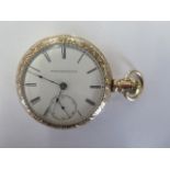A gold plated Elgin National Watch Co side wind pocket watch - 55mm case - running, dial has small