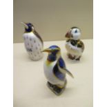 Three Royal Crown Derby paperweights - An Emperor penguin, a puffin and a penguin