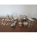An assortment of silver mustard, peppers and salts and spoons - total weighable silver approx 14