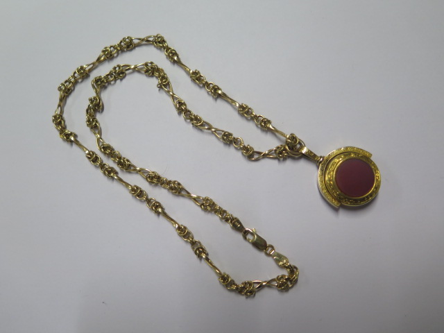 A 9ct yellow gold 50cm chain with a gilt metal revolving fob, total weight approx 15.7 grams