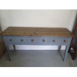 A painted pine three drawer kitchen/studio serving work table with a waxed pine top - Height 86cm