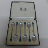 A boxed set of six Liberty silver and enamel coffee spoons 1935/36 Birmingham - slight damage to one