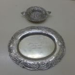 A Continental embossed silver dish hallmarked London - Width 13cm - and a Continental silver