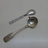 An interesting Rat spoon - London 1994 G of H - Length 14cm - and a brandy ladle Dublin 1823 I.B -