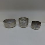 An Eastern white metal bowl - Diameter 11cm - and two hallmarked silver bowls - total weight approx