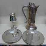 A large plated lidded flagon - Height 35cm - a plated goblet, two plated dishes - Diameter 21.