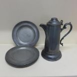 Six pewter plates - 24cm - and a lidded flagon - Height 29cm