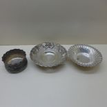 Two 925 silver dishes largest 17.5cm wide and a 925 silver "tied sack" bowl - total weight approx